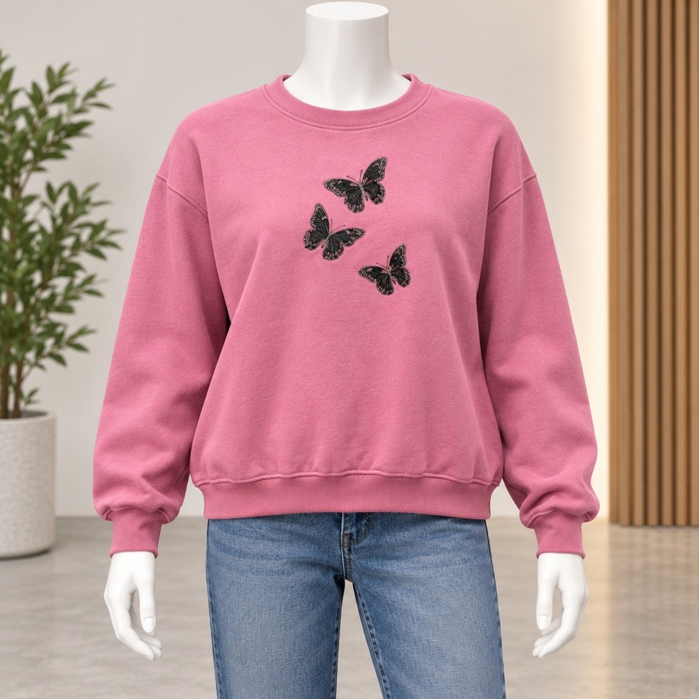 Top Stitch Morning Sun Butterfly Sweatshirt Womens Petite Mauve Pink Embroidered